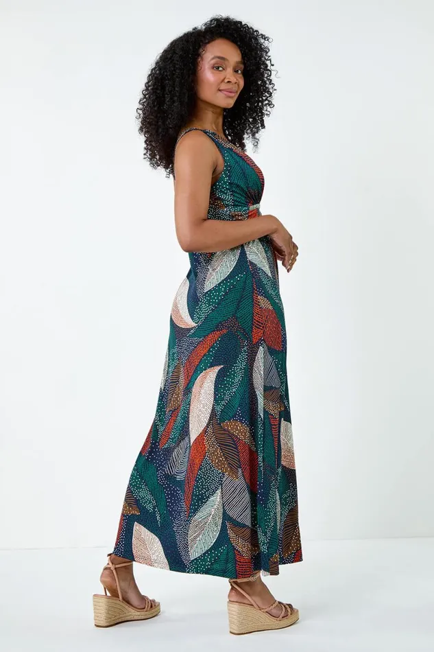 Women Multi Petite Leaf Print Stretch Maxi Dress Roman Dresses