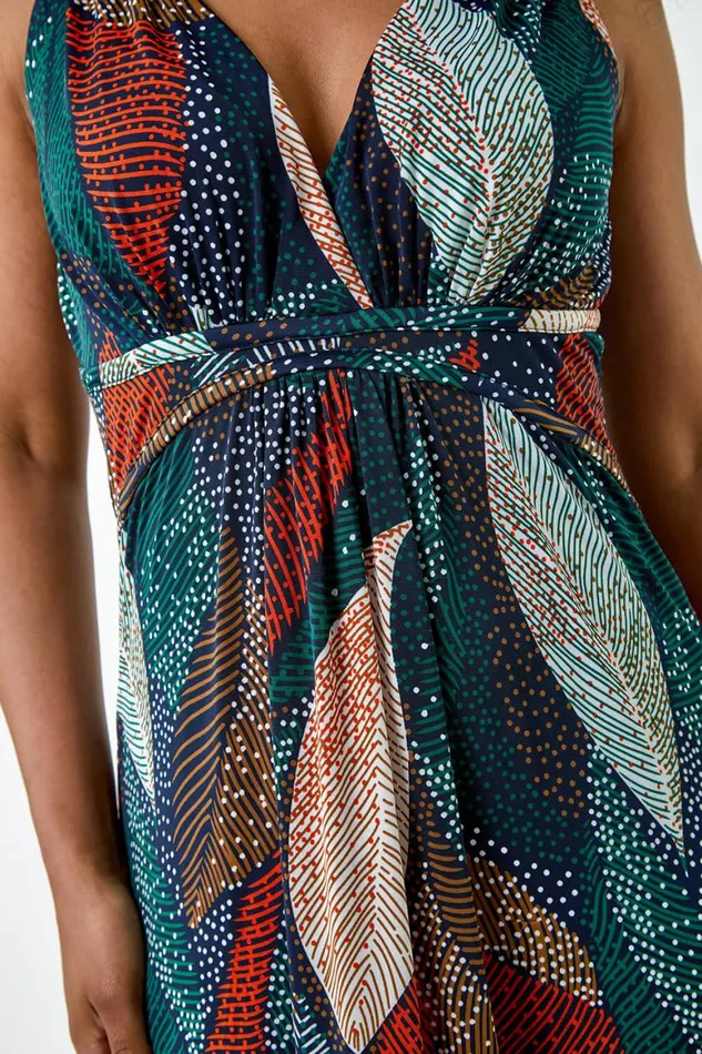 Women Multi Petite Leaf Print Stretch Maxi Dress Roman Dresses