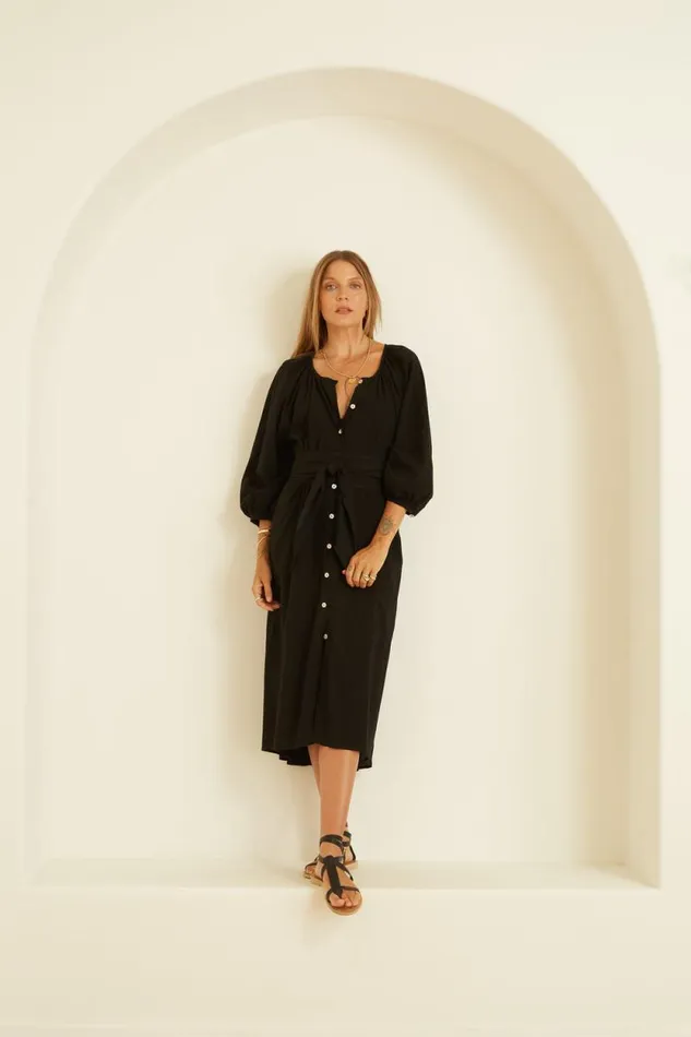 Women Natalie Martin Dresses Alex Midi With Sash Black Silk