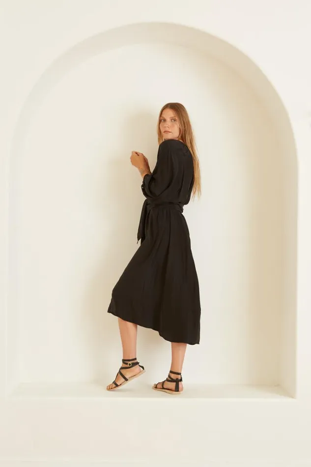Women Natalie Martin Dresses Alex Midi With Sash Black Silk