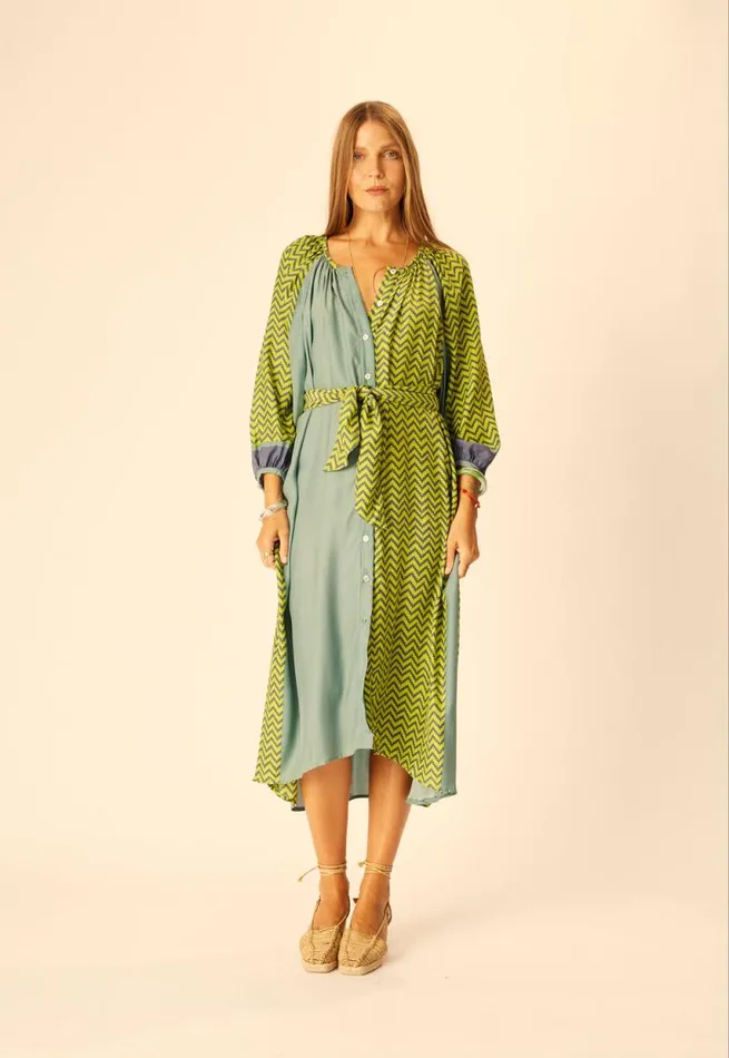 Women Natalie Martin Dresses Alex Midi With Sash Block Zigzag Lime