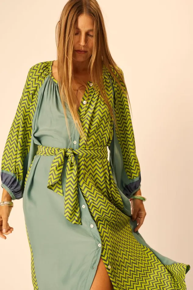 Women Natalie Martin Dresses Alex Midi With Sash Block Zigzag Lime