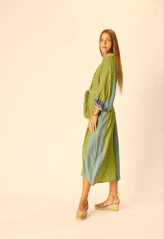 Women Natalie Martin Dresses Alex Midi With Sash Block Zigzag Lime