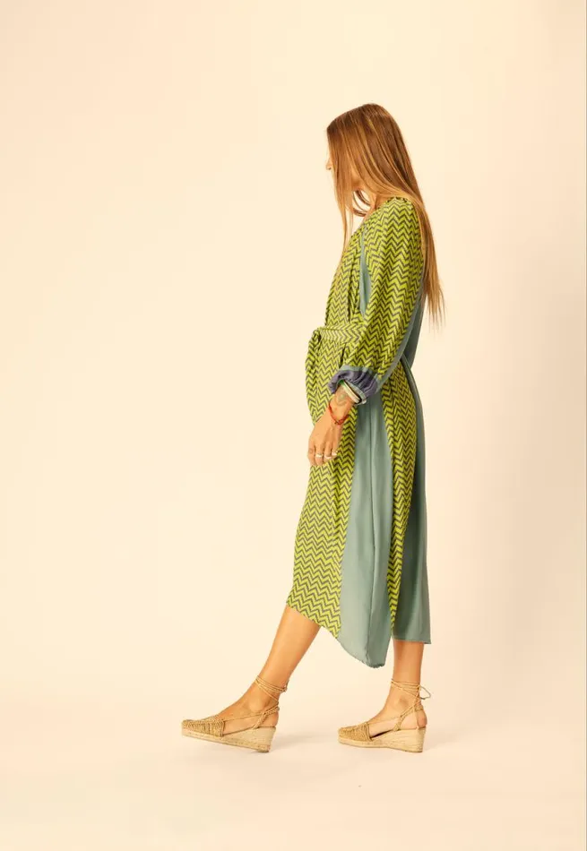 Women Natalie Martin Dresses Alex Midi With Sash Block Zigzag Lime