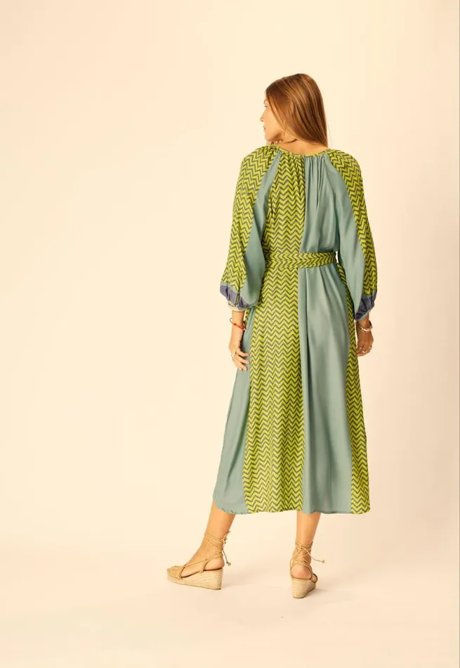 Women Natalie Martin Dresses Alex Midi With Sash Block Zigzag Lime