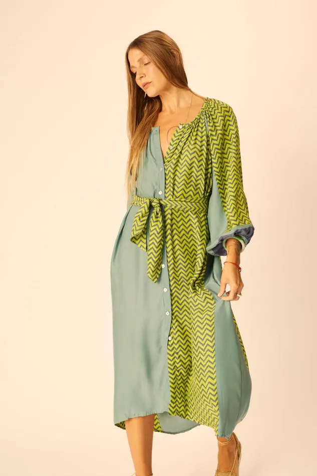 Women Natalie Martin Dresses Alex Midi With Sash Block Zigzag Lime