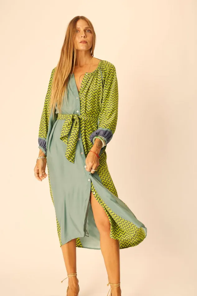 Women Natalie Martin Dresses Alex Midi With Sash Block Zigzag Lime