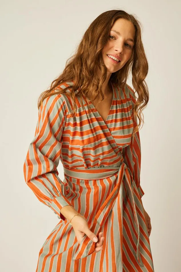 Women Natalie Martin Dresses Kate Long Sleeve Dress Batik Stripe Sage