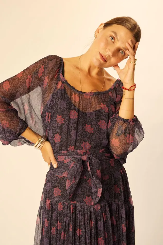 Women Natalie Martin Dresses Lainey Dress With Sash Snowflake Aubergine