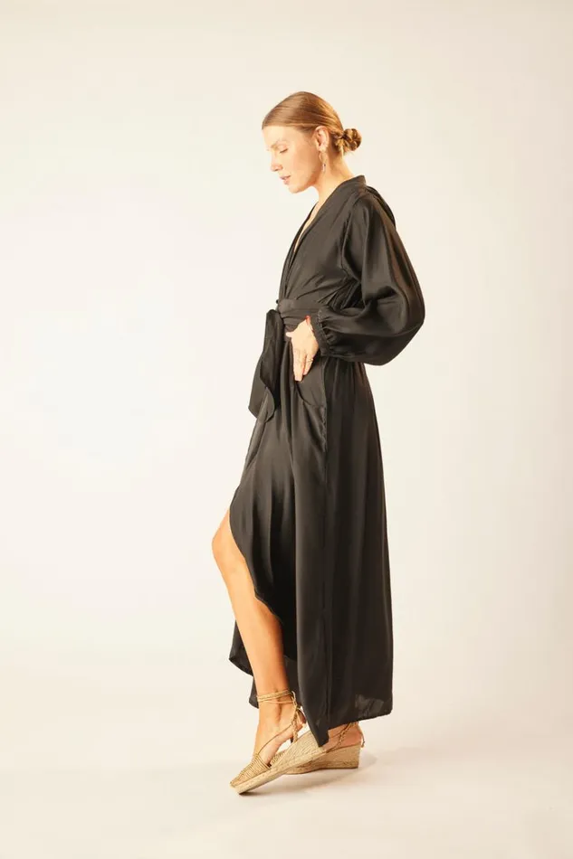 Women Natalie Martin Dresses Nico LS Maxi With Sash Black Silk