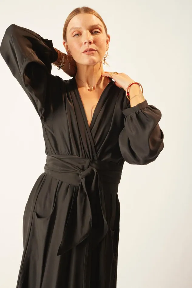 Women Natalie Martin Dresses Nico LS Maxi With Sash Black Silk