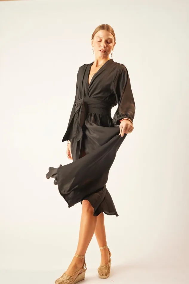 Women Natalie Martin Dresses Nico LS Maxi With Sash Black Silk