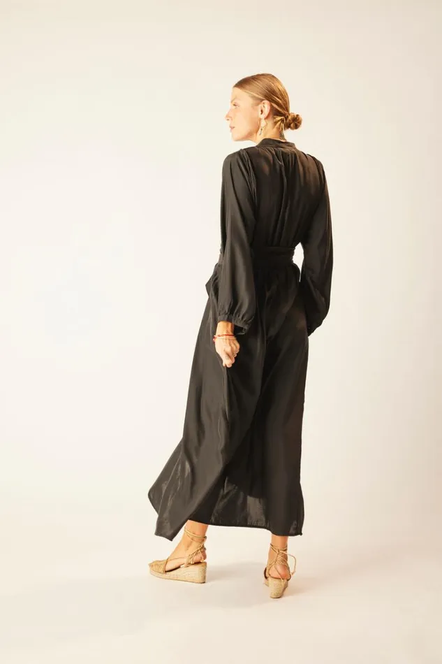 Women Natalie Martin Dresses Nico LS Maxi With Sash Black Silk