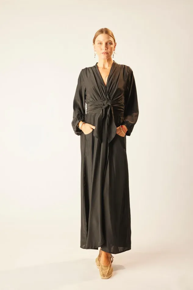 Women Natalie Martin Dresses Nico LS Maxi With Sash Black Silk
