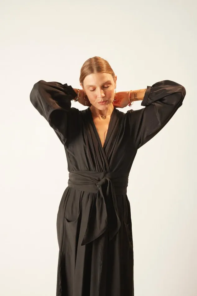 Women Natalie Martin Dresses Nico LS Maxi With Sash Black Silk