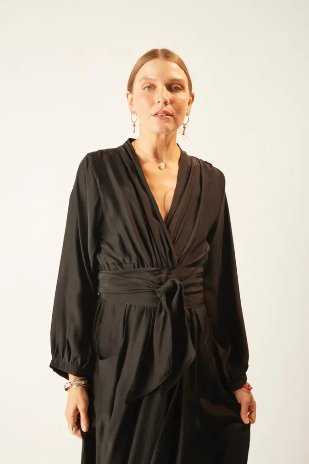 Women Natalie Martin Dresses Nico LS Maxi With Sash Black Silk