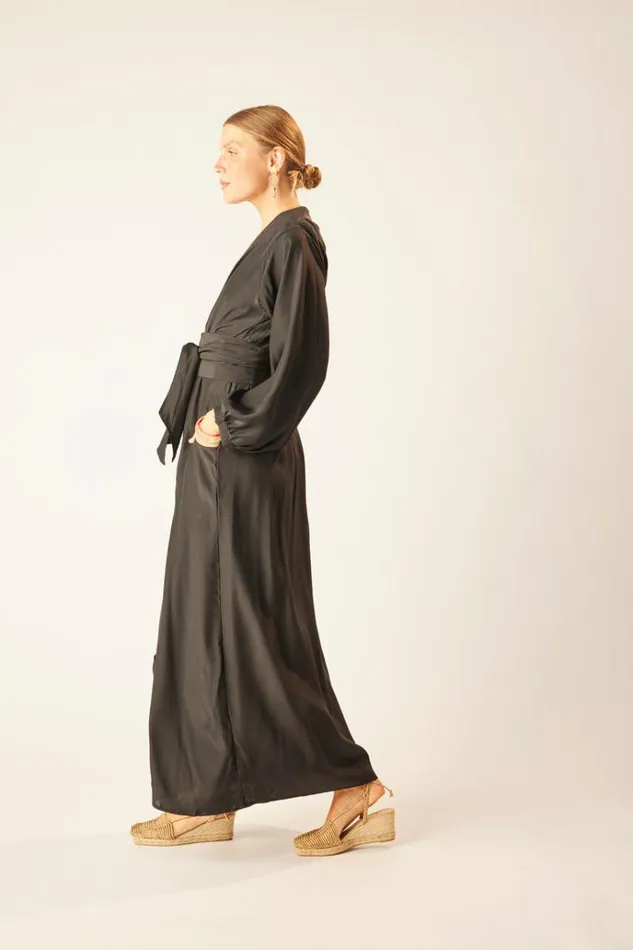 Women Natalie Martin Dresses Nico LS Maxi With Sash Black Silk