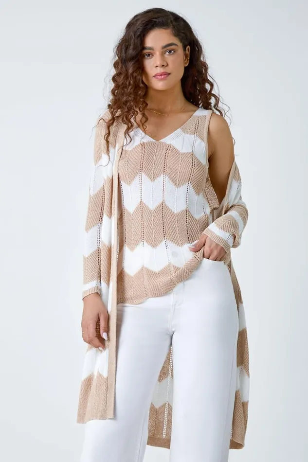 Women Natural Chevron Stripe Shimmer Longline Cardigan Roman Knitwear