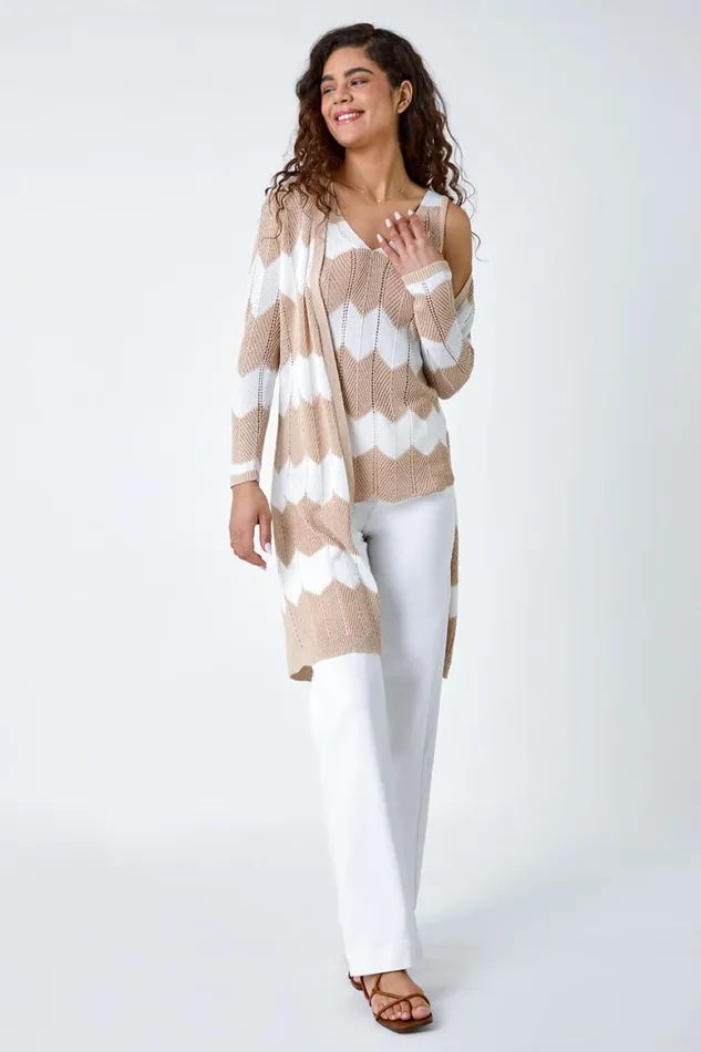 Women Natural Chevron Stripe Shimmer Longline Cardigan Roman Knitwear
