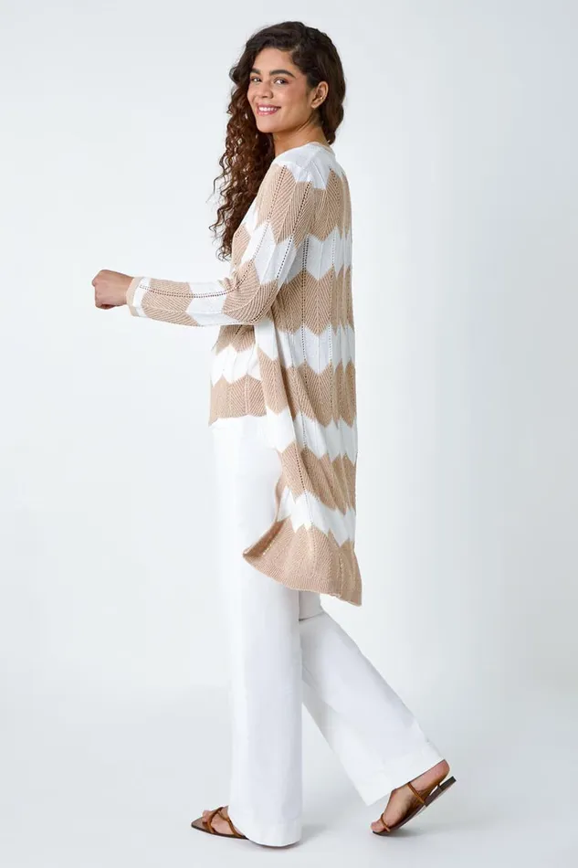 Women Natural Chevron Stripe Shimmer Longline Cardigan Roman Knitwear