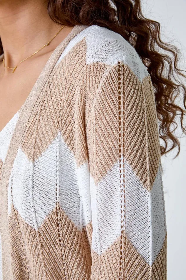 Women Natural Chevron Stripe Shimmer Longline Cardigan Roman Knitwear