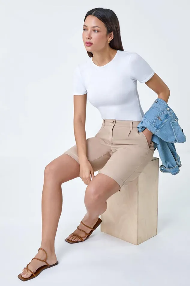 Women Natural Cotton Blend Elastic Waist Chino Shorts Roman Trousers