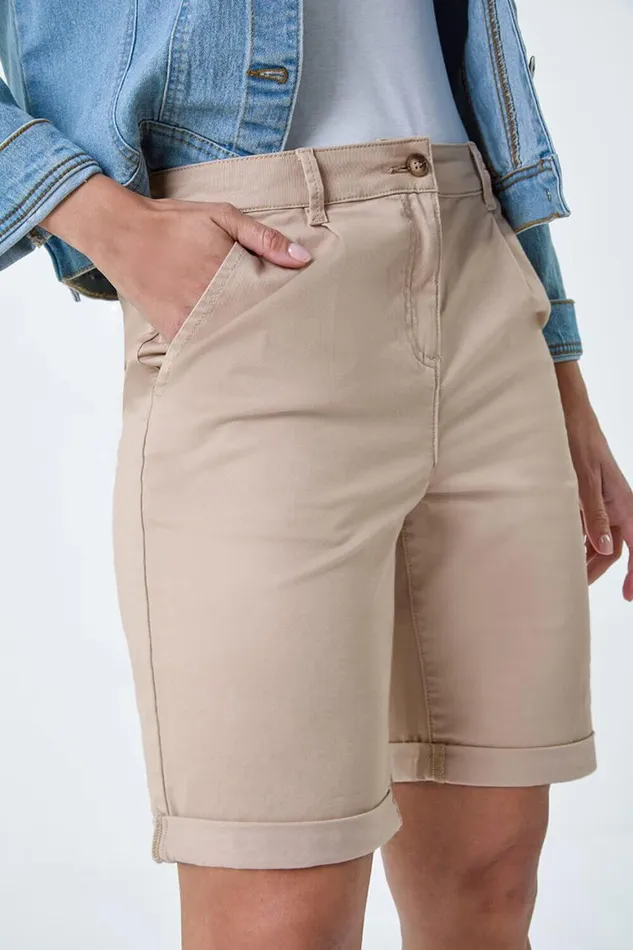 Women Natural Cotton Blend Elastic Waist Chino Shorts Roman Trousers