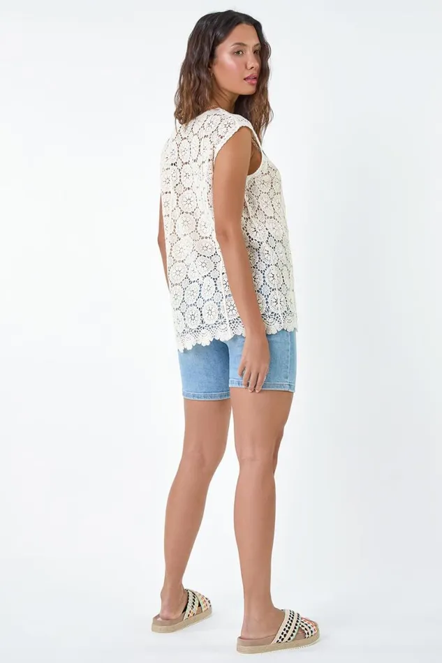 Women Natural Cotton Crochet Stretch Knitted Vest Roman Tops
