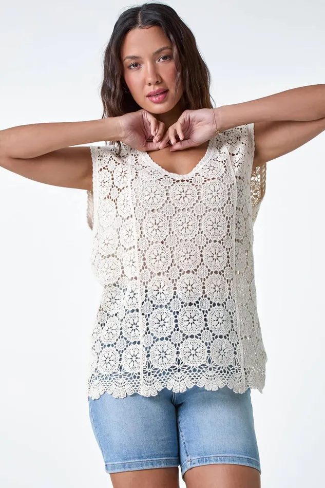 Women Natural Cotton Crochet Stretch Knitted Vest Roman Tops