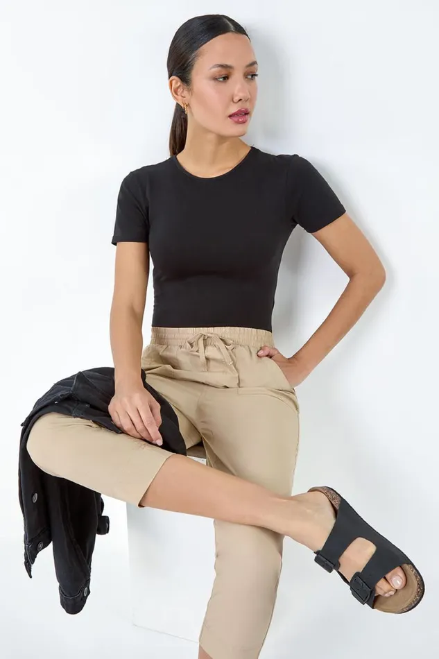 Women Natural Cotton Elastic Waist Cropped Cargo Trousers Roman Trousers