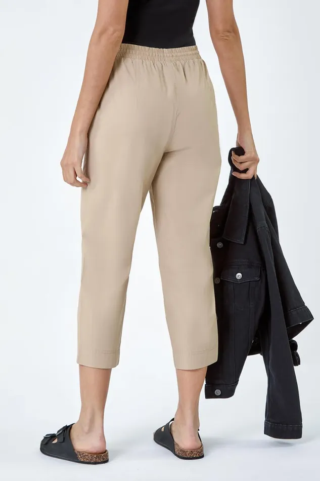 Women Natural Cotton Elastic Waist Cropped Cargo Trousers Roman Trousers