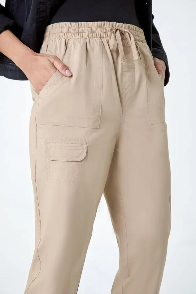 Women Natural Cotton Elastic Waist Cropped Cargo Trousers Roman Trousers