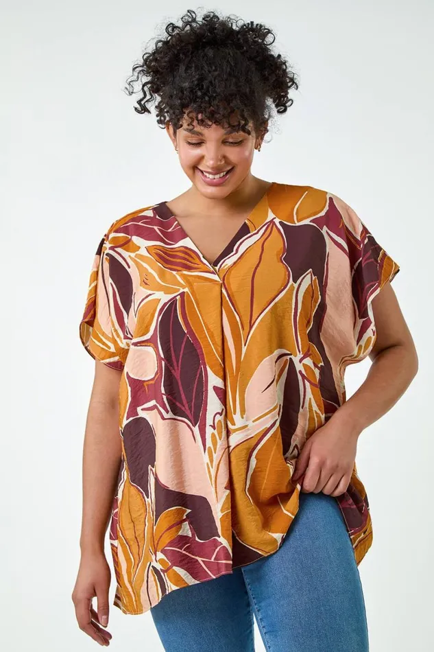 Women Natural Curve Leaf Print Pleat Front Top Roman Tops