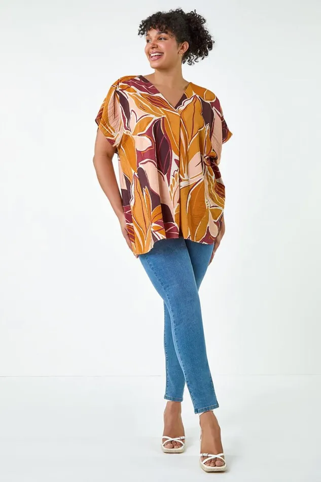 Women Natural Curve Leaf Print Pleat Front Top Roman Tops