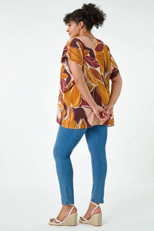 Women Natural Curve Leaf Print Pleat Front Top Roman Tops