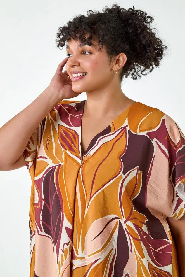 Women Natural Curve Leaf Print Pleat Front Top Roman Tops