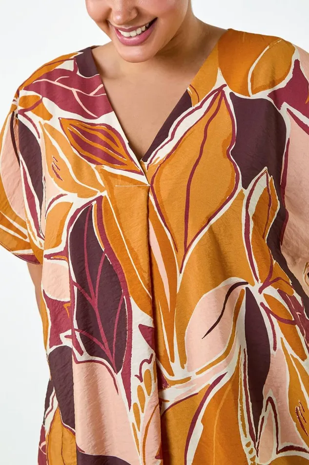 Women Natural Curve Leaf Print Pleat Front Top Roman Tops