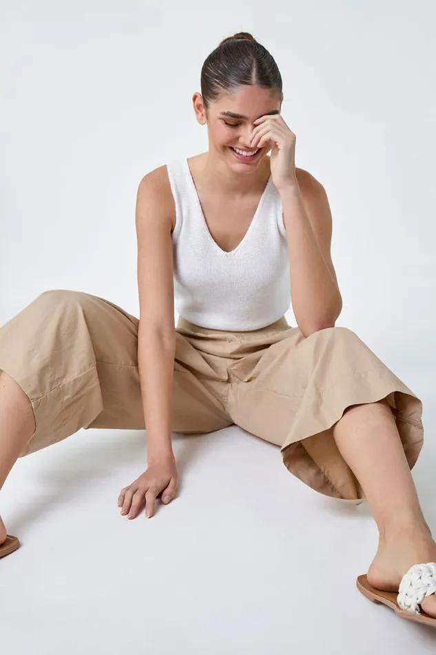 Women Natural Elastic Waist Wide Leg Cotton Cropped Culottes Roman Trousers