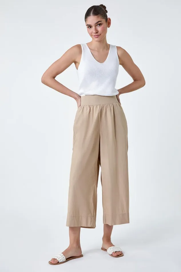 Women Natural Elastic Waist Wide Leg Cotton Cropped Culottes Roman Trousers