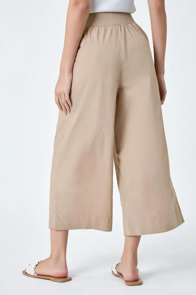 Women Natural Elastic Waist Wide Leg Cotton Cropped Culottes Roman Trousers