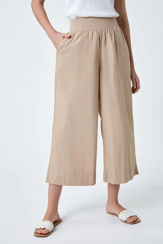 Women Natural Elastic Waist Wide Leg Cotton Cropped Culottes Roman Trousers