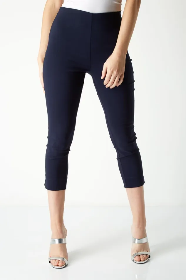 Women Navy Blue Petite Elastic Waist Stretch Cropped Trouser Roman Coords