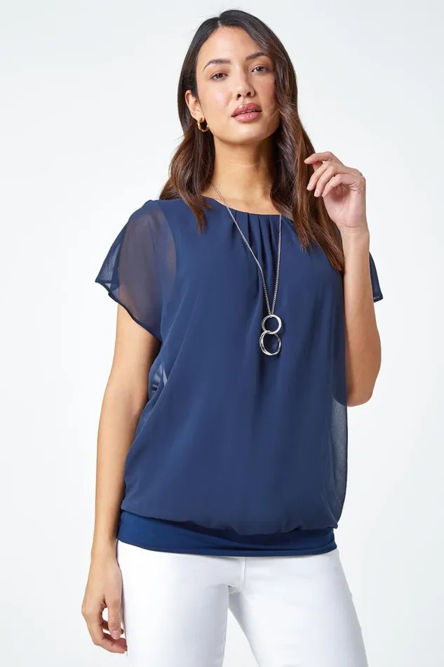 Women Navy Chiffon Jersey Blouson Top With Necklace Roman Tops