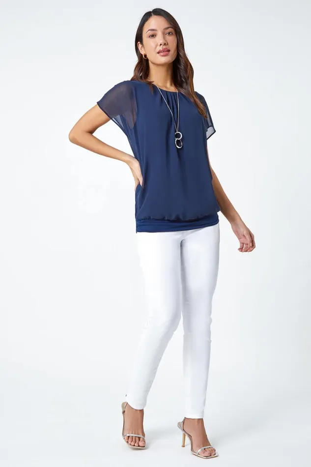 Women Navy Chiffon Jersey Blouson Top With Necklace Roman Tops