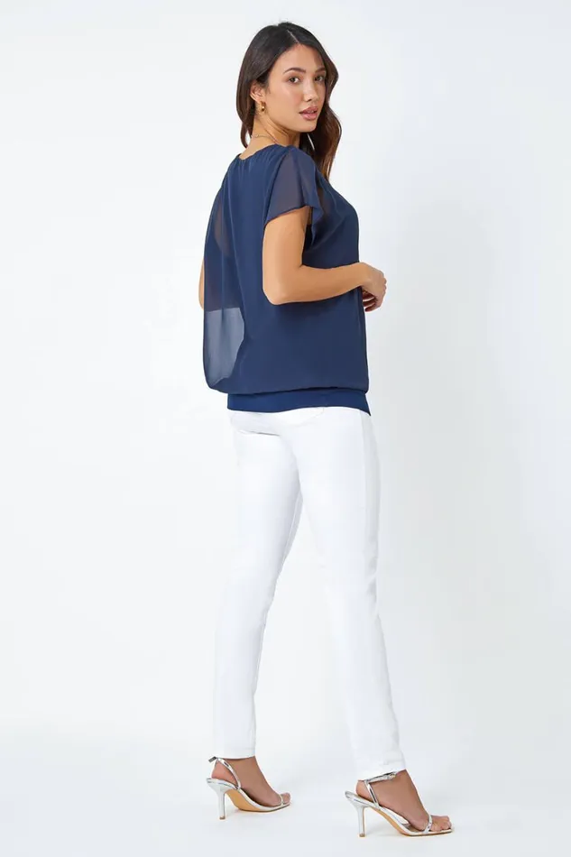 Women Navy Chiffon Jersey Blouson Top With Necklace Roman Tops