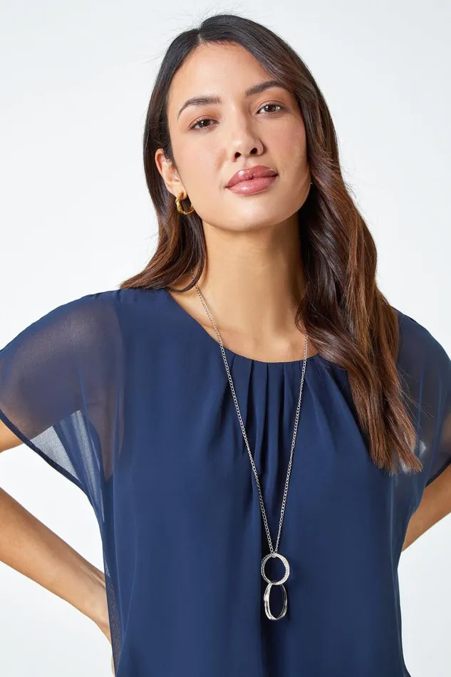 Women Navy Chiffon Jersey Blouson Top With Necklace Roman Tops