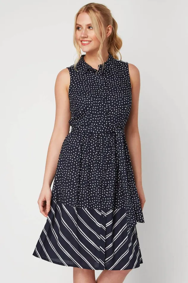 Women Navy Contrast Print Shirt Dress Roman Dresses