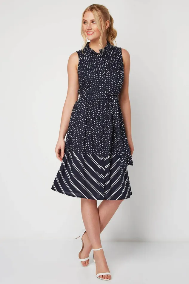 Women Navy Contrast Print Shirt Dress Roman Dresses