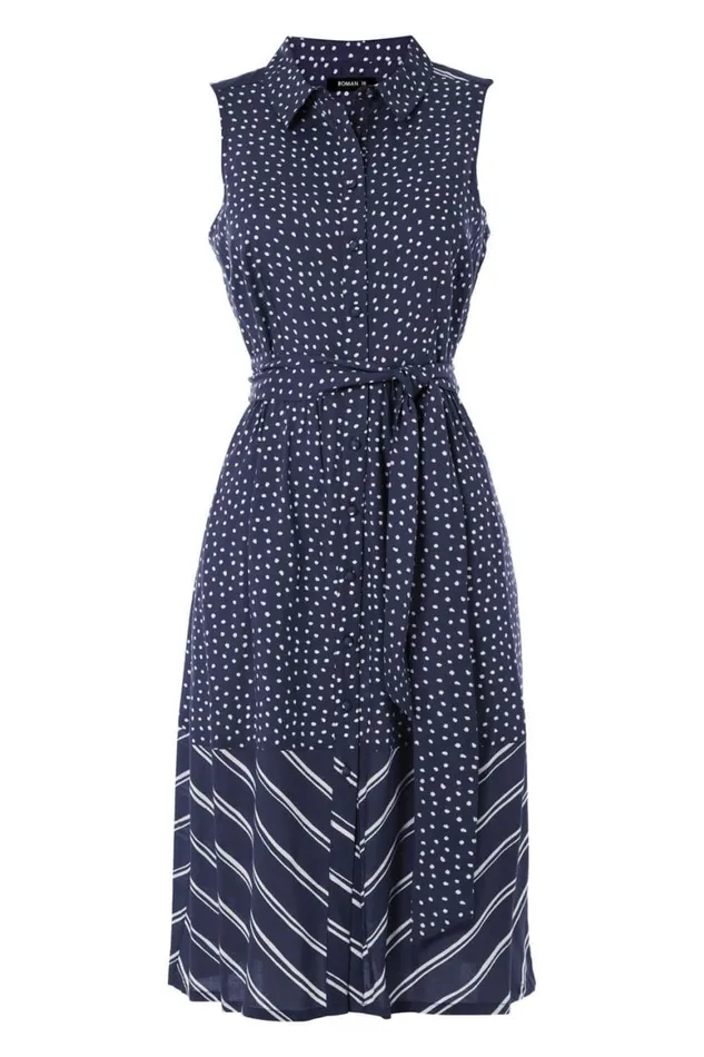 Women Navy Contrast Print Shirt Dress Roman Dresses