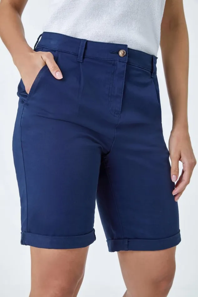 Women Navy Cotton Blend Chino Shorts Roman Trousers